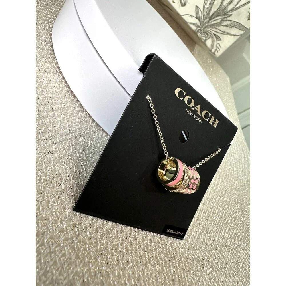 Coach Gold-Plated Signature Rondell 3 ring pink enamel Necklace 16 + 2”